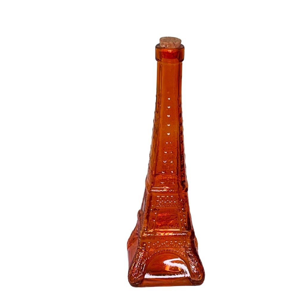 Eiffel Tower Bottle Orange Glass Decanter w/ Cork Liquor Barware Vintage 11"